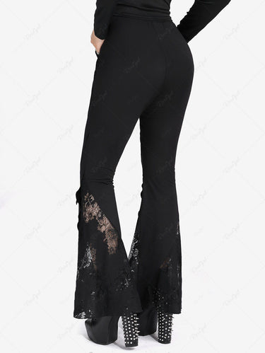 Gothic Plus Size Floral Lace Panel Layered Pockets Solid Flare Pants