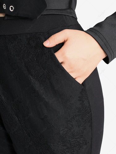 Gothic Plus Size Floral Lace Panel Layered Pockets Solid Flare Pants