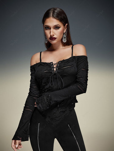 Gothic Plus Size Lace Up Ripped Off The Shoulder Asymmetric Cami Top