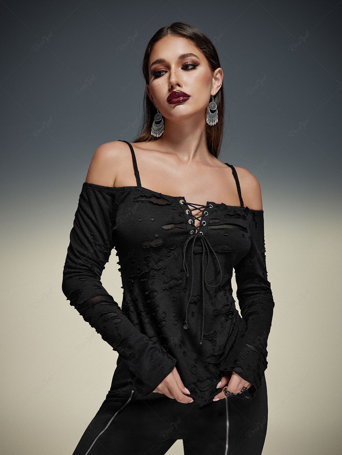 Gothic Lace Up Ripped Off The Shoulder Asymmetric Cami Top
