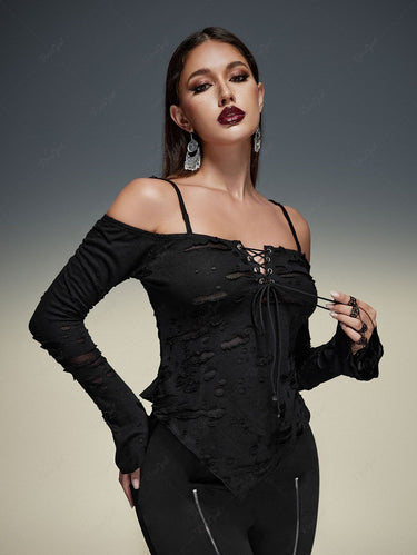 Gothic Plus Size Lace Up Ripped Off The Shoulder Asymmetric Cami Top