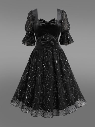 💗Lauren Loves 💗Gothic Plus Size Bowknot Sparkling Sequins Swiss Dot Layered Ruched Puff Sleeves A Line Dress