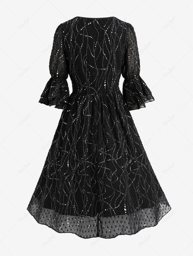 💗Lauren Loves 💗Gothic Plus Size Bowknot Sparkling Sequins Swiss Dot Layered Ruched Puff Sleeves A Line Dress