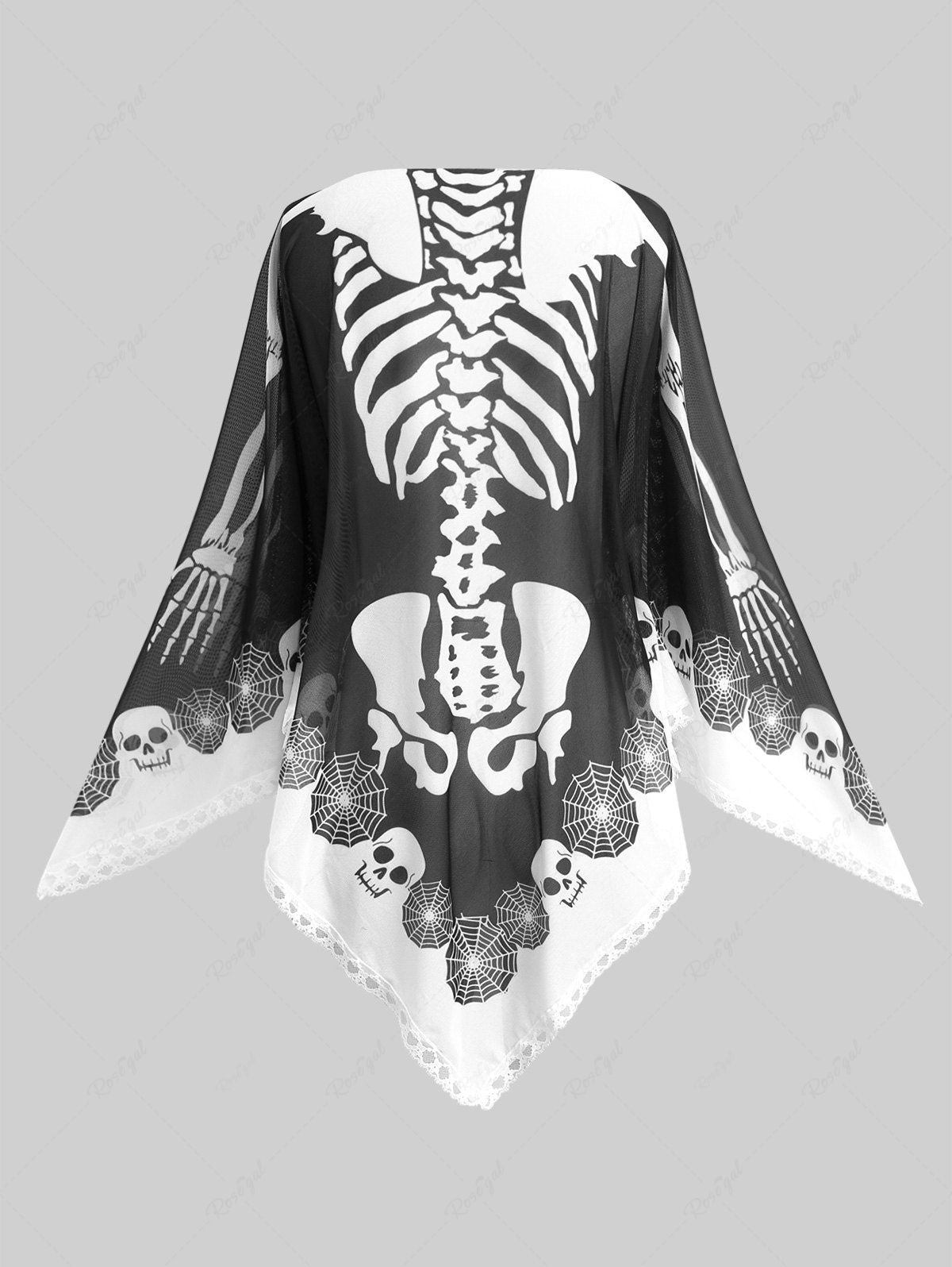 Halloween Skeleton Costume Poncho Shawl Skull Spider Web Print Handkerchief Cape