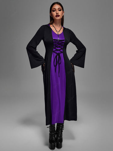 Gothic Plus Size Medieval Renaissance Lace Up Two Tone Plus Size Hooded Dress