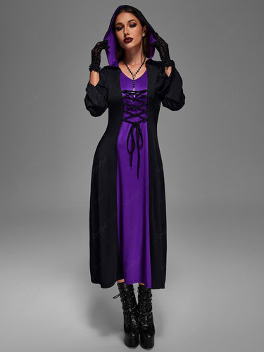 Gothic Plus Size Medieval Renaissance Lace Up Two Tone Plus Size Hooded Dress
