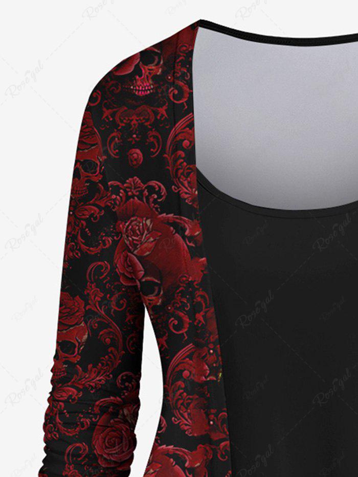 Halloween Costume Gothic Rose Flower Skulls Print Patchwork 2 in 1 T-shirt