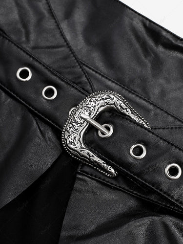 Gothic Plus Size PU Panel O-Ring Buckle Grommet Asymmetric Ruched Suspender Lingerie Corset Belt