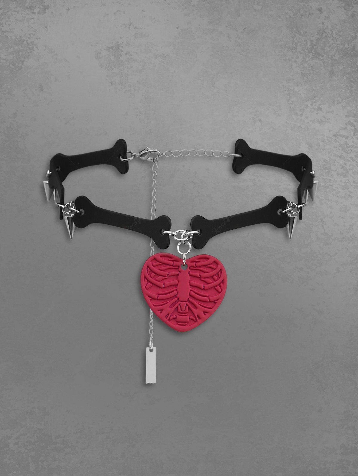 Bone Rivet Tassel Skeleton Heart Pendant Necklace