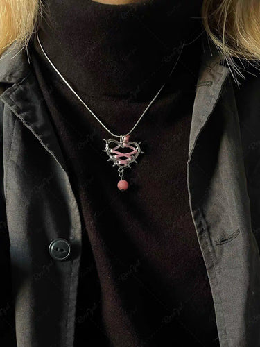 Gothic Punk Lace Up Bead Heart Pendant Necklace