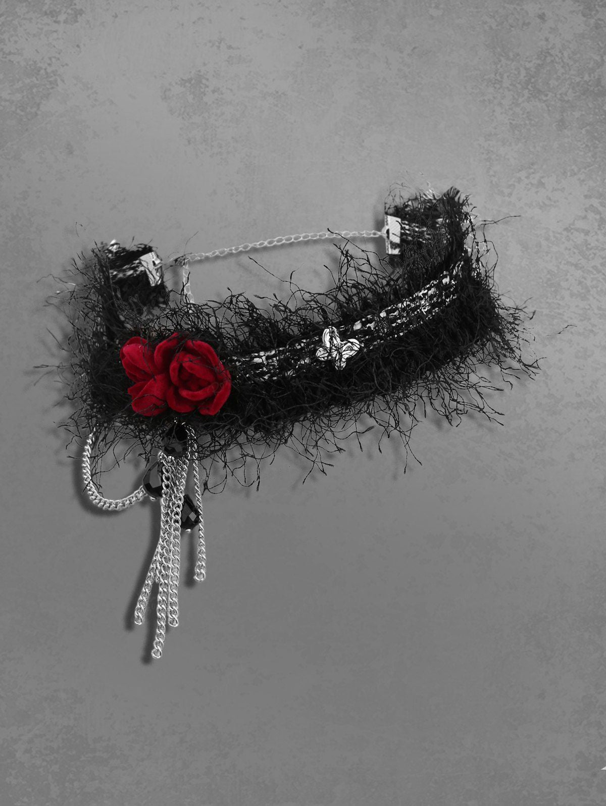 Faux Crystal Rose Flower Tassel Choker Necklace
