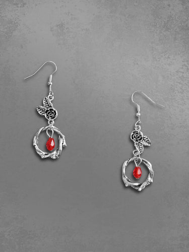Gothic Vintage Rose Floral Leaf Wreath Faux Crystal Drop Earrings