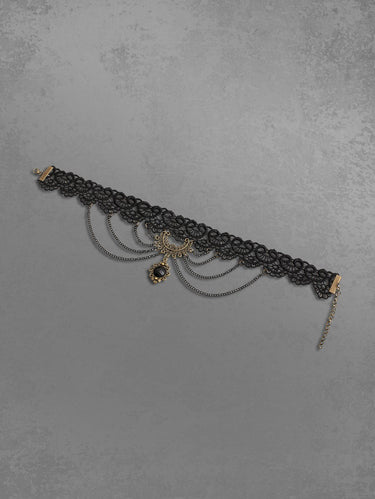 Faux Gem Pendant Floral Lace Choker Necklace