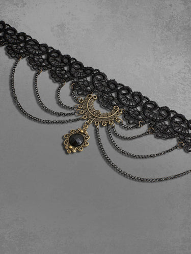 Faux Gem Pendant Floral Lace Choker Necklace