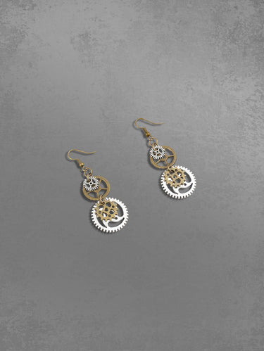 Vintage Punk Gear Shape Double Color Drop Earrings