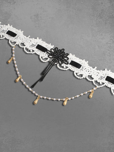 Floral Lace Beaded Tassel Choker Necklace