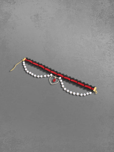 Faux Pearl Heart Crystal Pendant Lace Choker Necklace