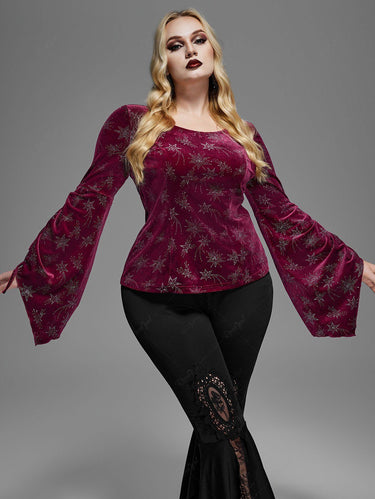 Gothic Plus Size Glitter Star Print Cinched Flare Sleeves Velvet Halloween Top(3 Days Delivery)
