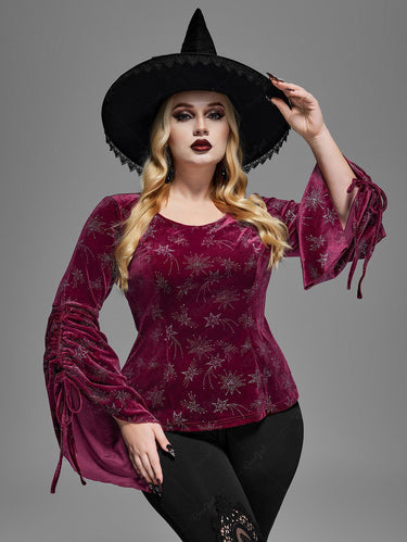 Gothic Plus Size Glitter Star Print Cinched Flare Sleeves Velvet Halloween Top(3 Days Delivery)