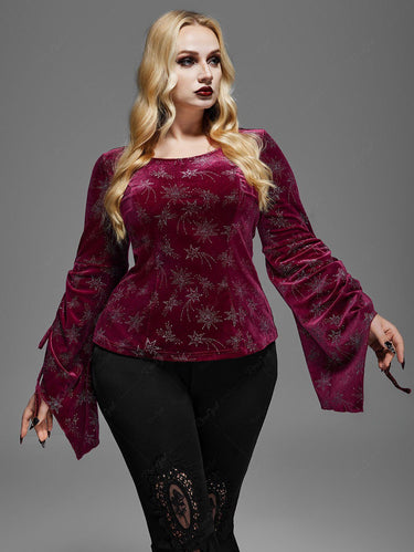 Gothic Plus Size Glitter Star Print Cinched Flare Sleeves Velvet Halloween Top(3 Days Delivery)