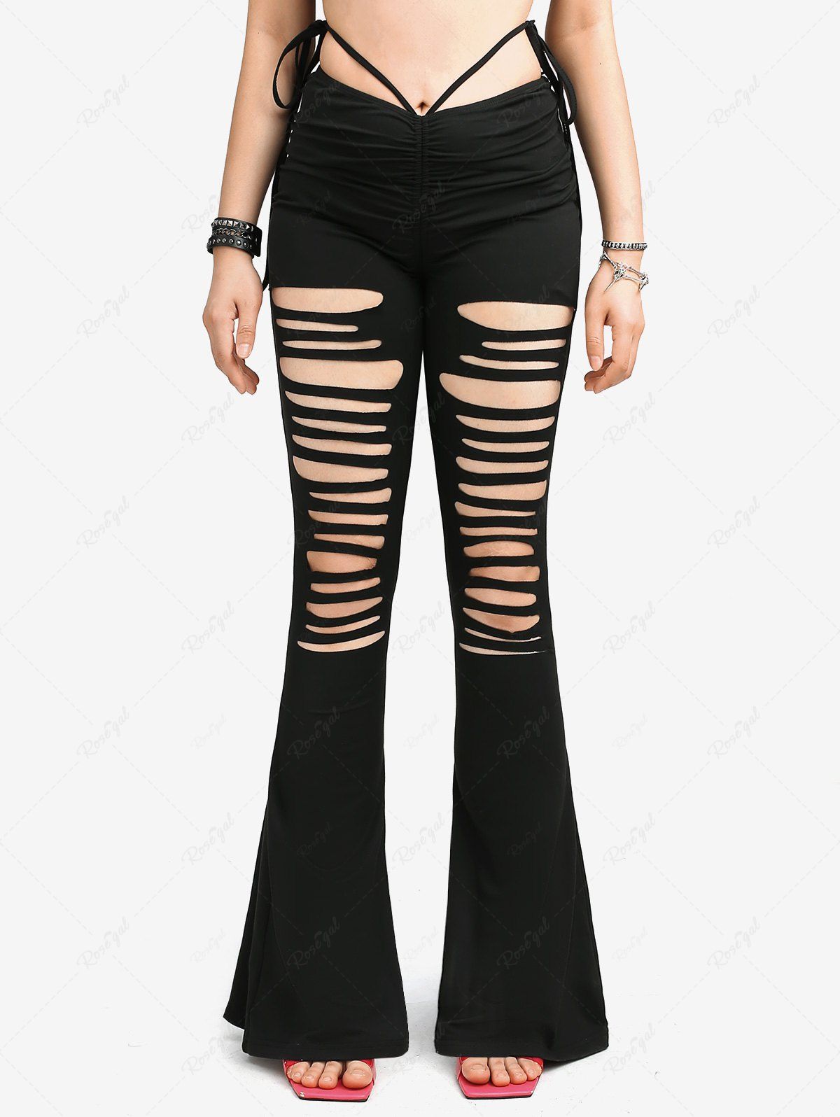 Gothic Ripped Cinched Tied Solid Flare Pants