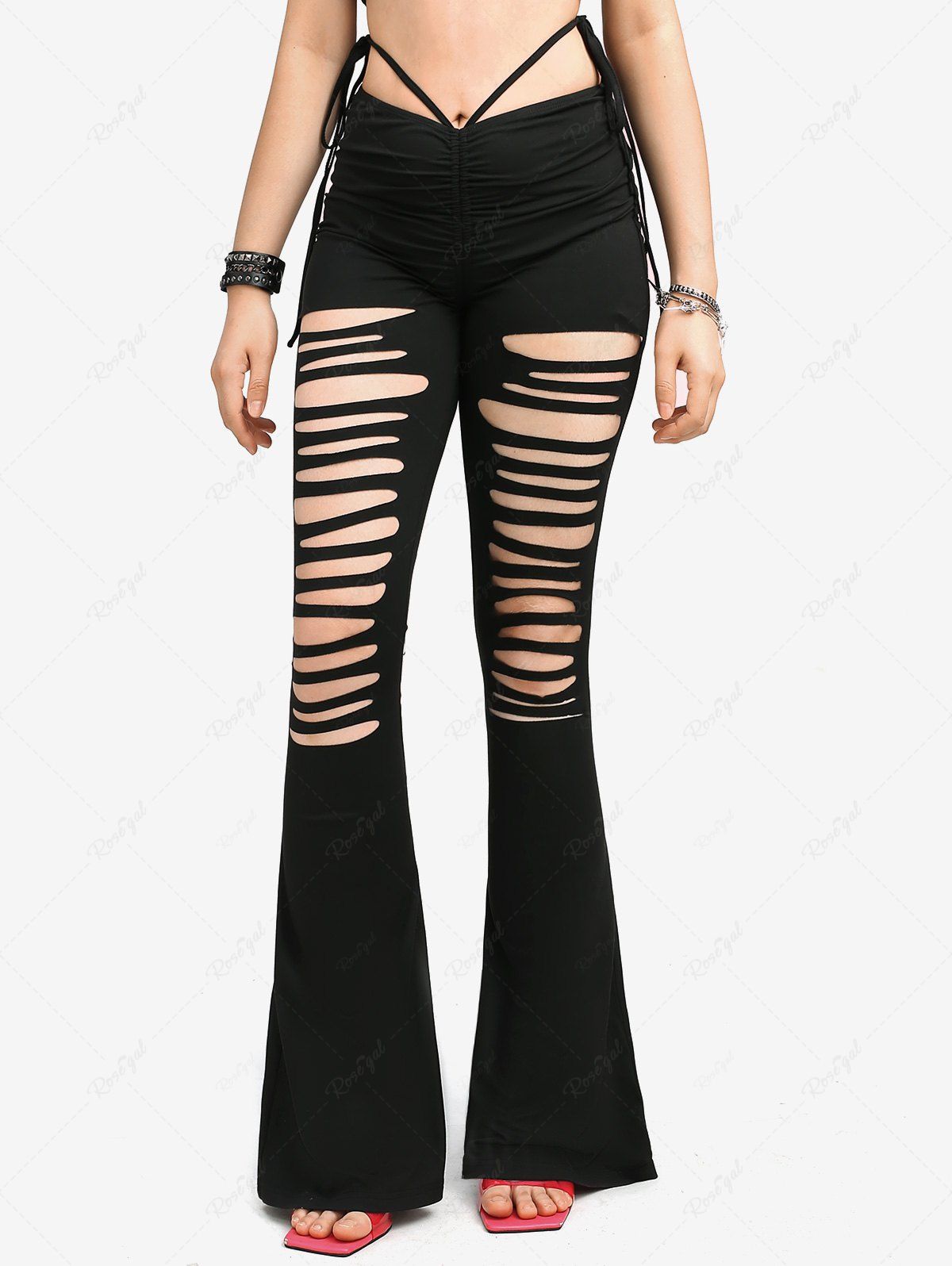 Gothic Ripped Cinched Tied Solid Flare Pants