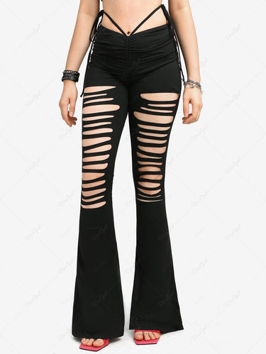 Gothic Plus Size Ripped Cinched Tied Solid Flare Pants(3 Days Delivery)