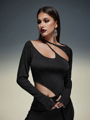 Gothic Plus Size Cutout Panel Thumbhole Asymmetric Solid T-shirt(3 Days Delivery)
