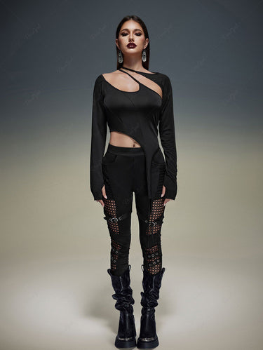 Gothic Plus Size Cutout Panel Thumbhole Asymmetric Solid T-shirt(3 Days Delivery)