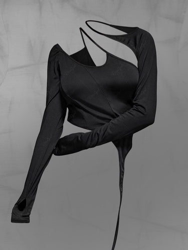 Gothic Plus Size Cutout Panel Thumbhole Asymmetric Solid T-shirt(3 Days Delivery)