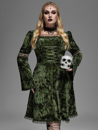 Gothic Plus Size Christmas Lace Trim Lace-up Bell Sleeves Velvet Dress
