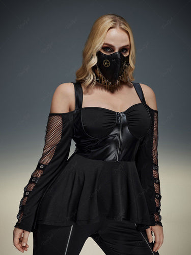 Gothic Plus Size PU Panel Ruched Zipper Fishnet Off The Shoulder High Low Top