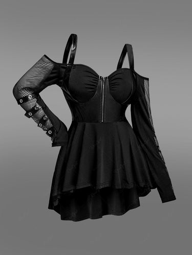 Gothic Plus Size PU Panel Ruched Zipper Fishnet Off The Shoulder High Low Top