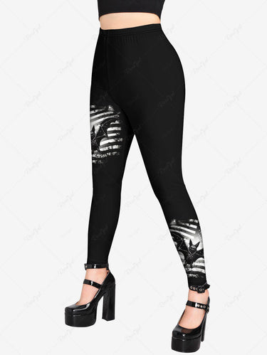 Gothic Plus Size Bat Patriotic American Flag Print Halloween Skinny Leggings