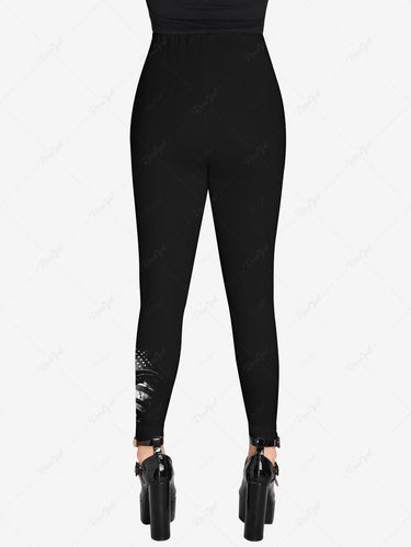 Gothic Plus Size Bat Patriotic American Flag Print Halloween Skinny Leggings