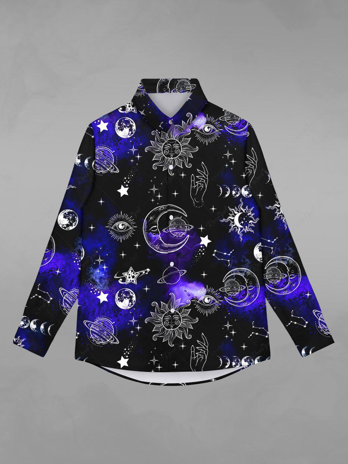 Gothic Sun Moon Star Eye Glitter Galaxy Print Button Shirt For Men