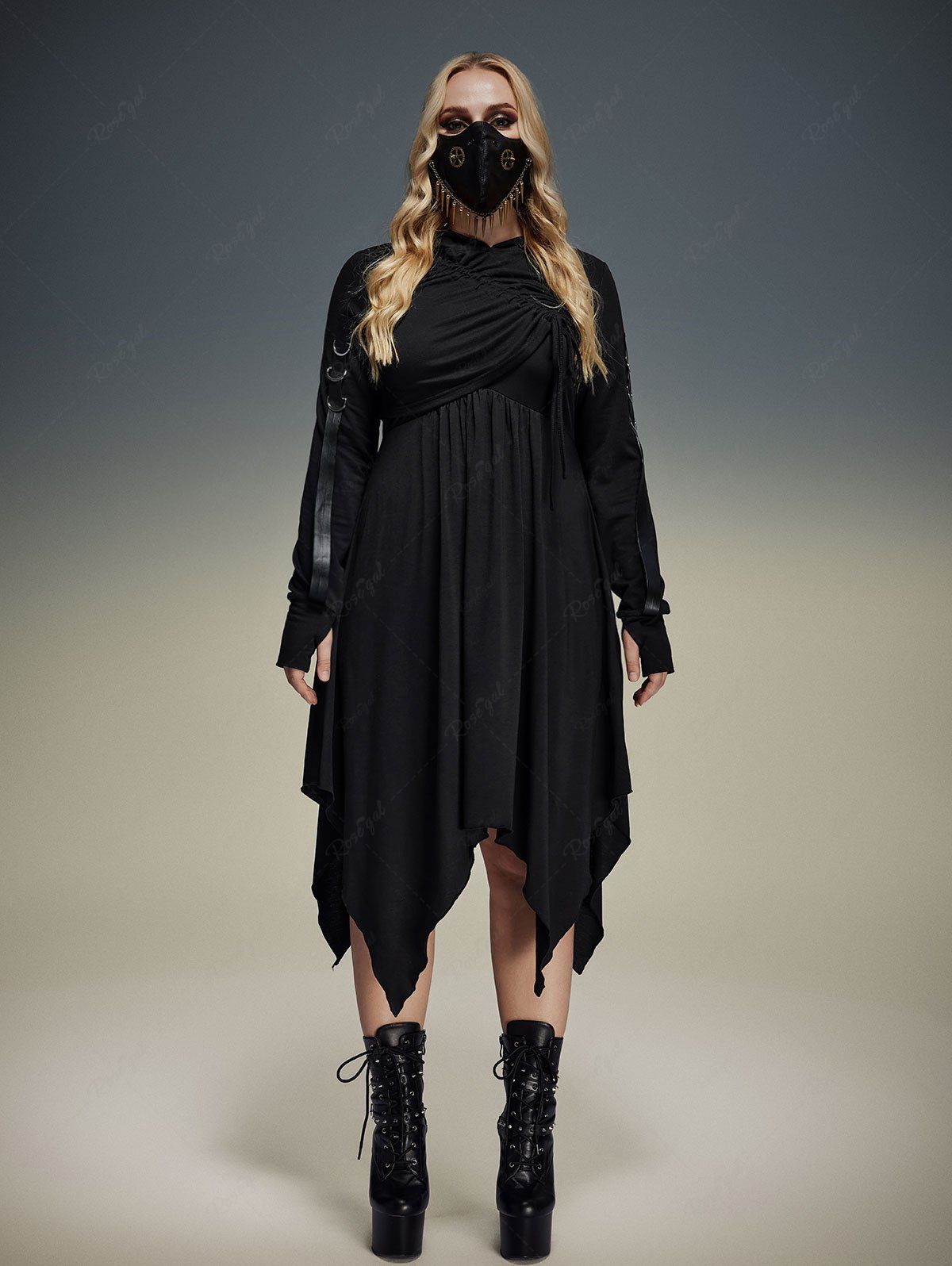 Gothic Asymmetrical Tank Dress and Thumbhole Cinched Hooded Crop Top Set