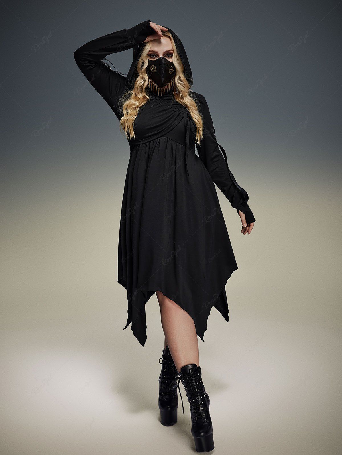 Gothic Asymmetrical Tank Dress and Thumbhole Cinched Hooded Crop Top Set