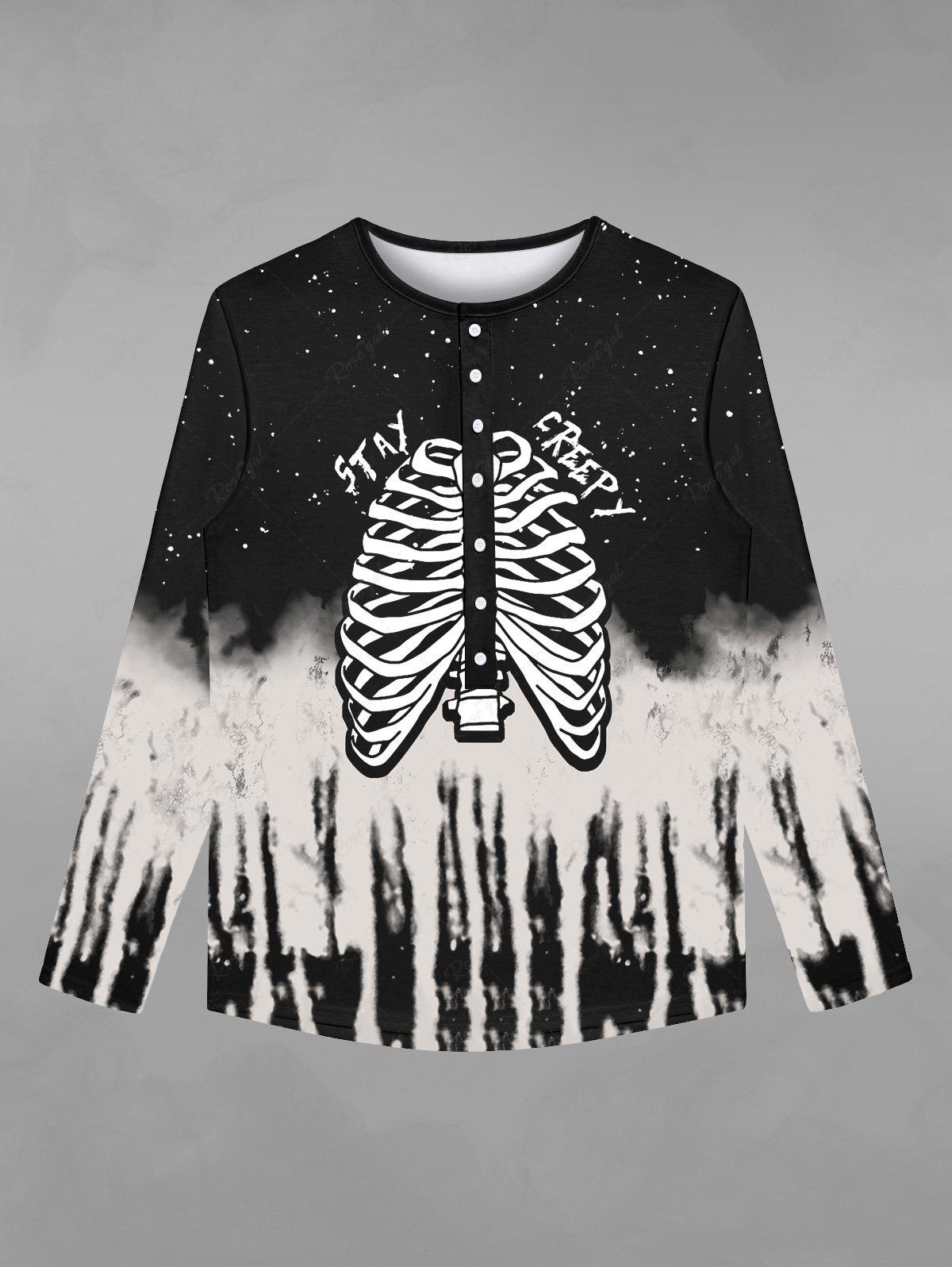 Gothic Galaxy Skeleton Distressed Print Buttons Halloween T-shirt For Men