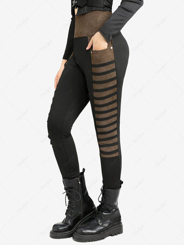 Gothic Plus Size Rivet Pockets Stripe Patchwork Pants