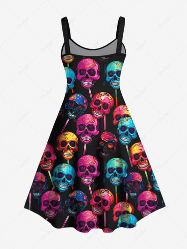 Halloween Costume Gothic Plus Size Colorful Skulls Print Dress