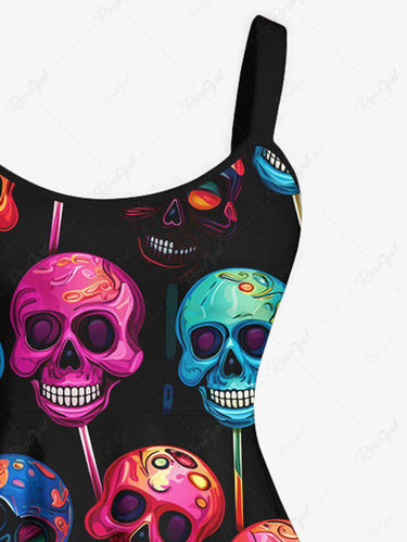 Halloween Costume Gothic Plus Size Colorful Skulls Print Dress