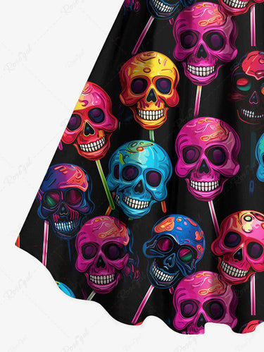Halloween Costume Gothic Plus Size Colorful Skulls Print Dress