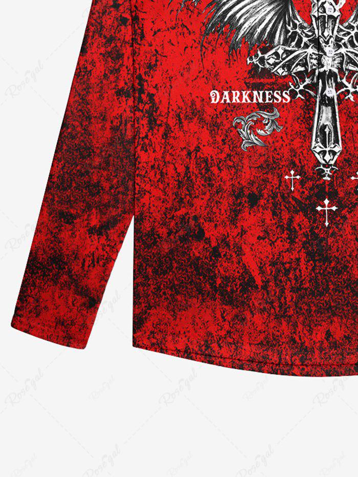 Gothic Cross Wings Stone Textured Print Buttons Halloween T-shirt For Men