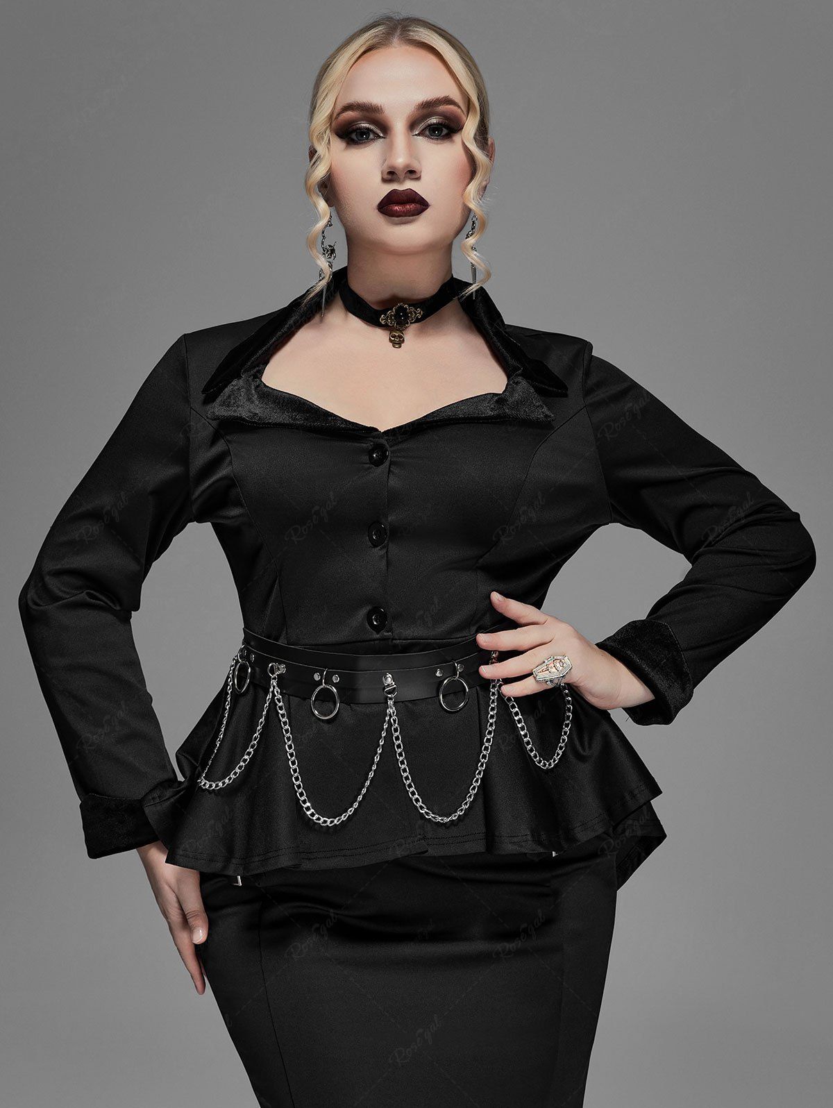 Gothic Lapel Collar Buttons High Low Ruffles Pleated Solid Coat