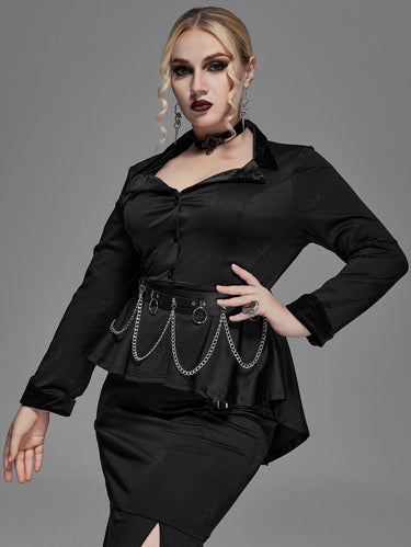 Gothic Plus Size Lapel Collar Buttons High Low Ruffles Pleated Solid Coat