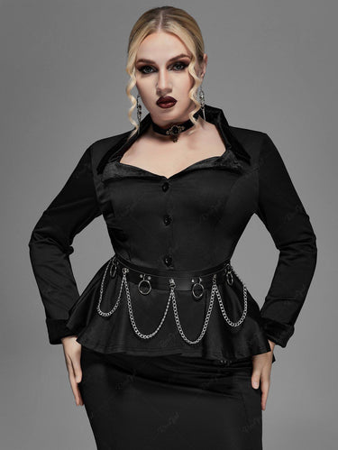 Gothic Plus Size Lapel Collar Buttons High Low Ruffles Pleated Solid Coat