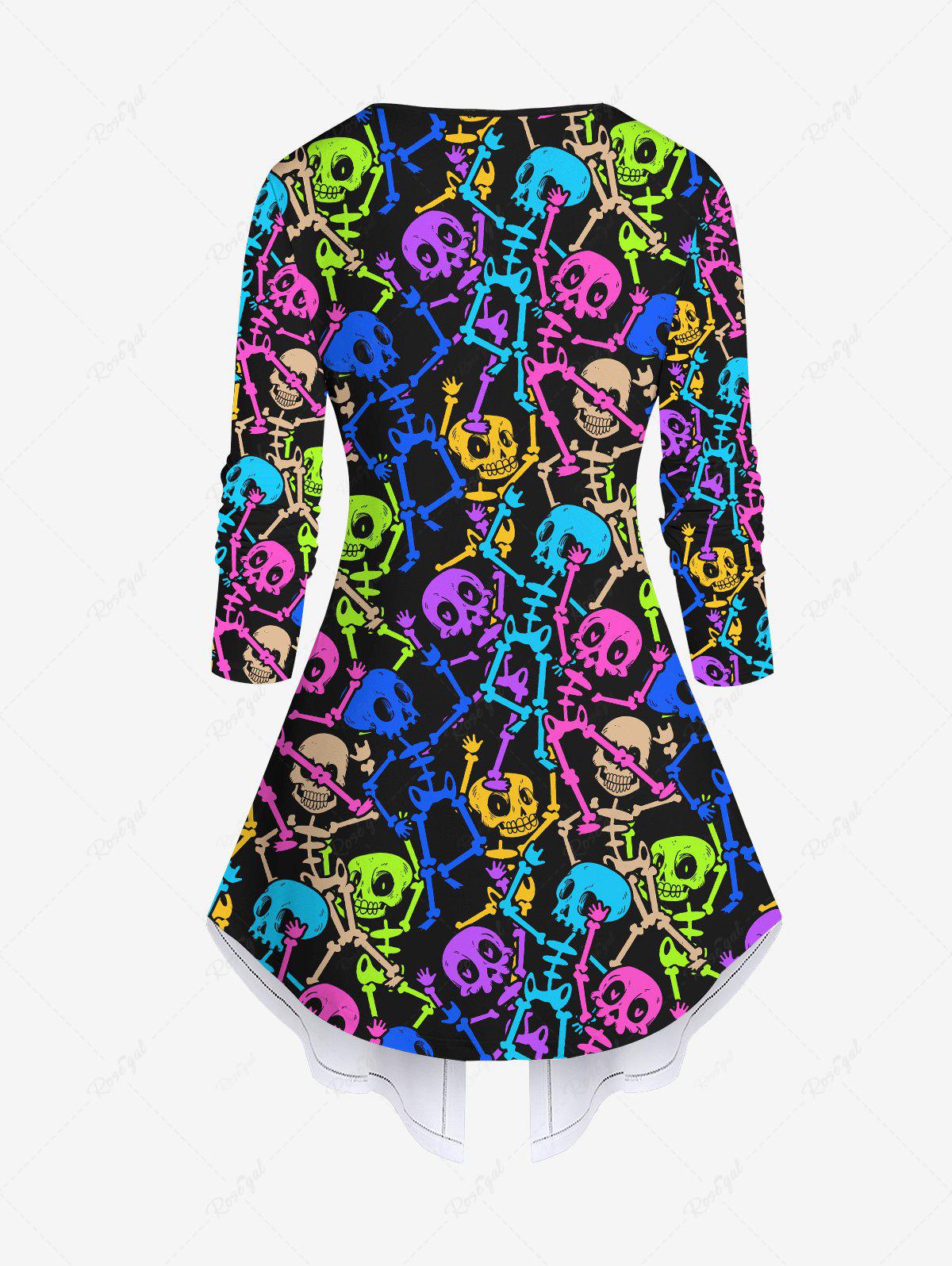 Gothic Colorful Skulls Skeleton Print Patchwork Halloween 2 in 1 T-shirt