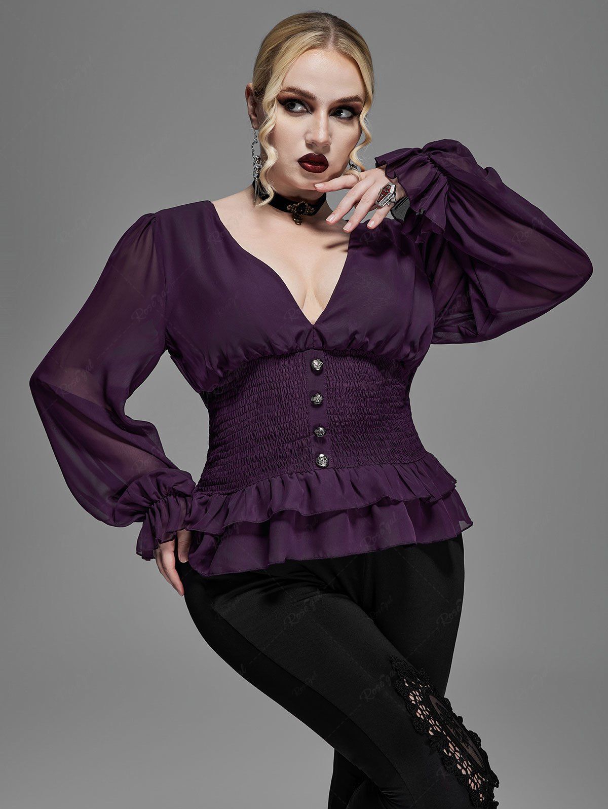 Gothic Poet Sleeves V Neck Mock Buttons Ruched Corset Chiffon Blouse