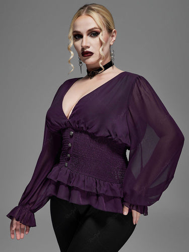 Gothic Plus Size Poet Sleeves V Neck Mock Buttons Ruched Corset Chiffon Blouse